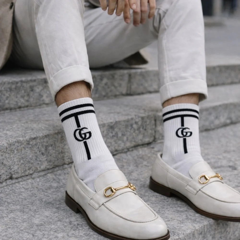 Gucci White Crew Socks with Black GG Stripe Detail